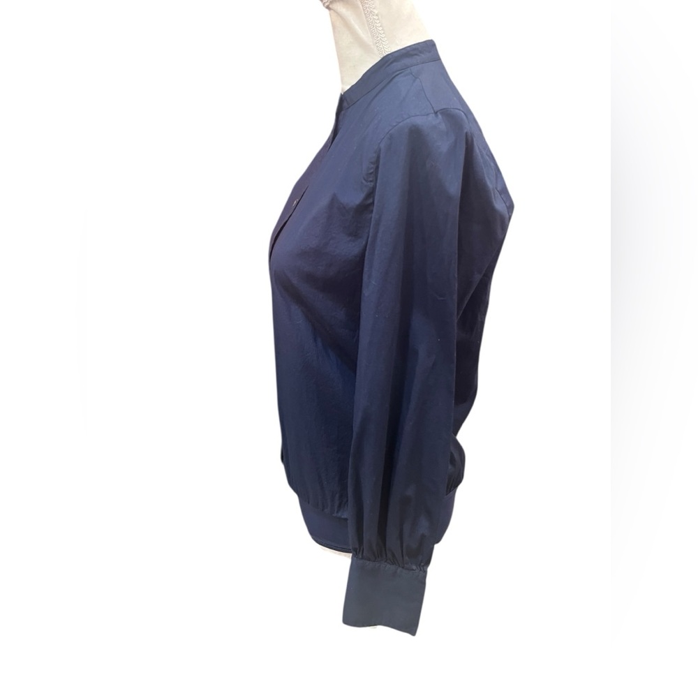 J.Crew Navy Button-Front Bodysuit Size 6 Band Collar Mixed Media Stretch Bottom - Picture 7 of 11